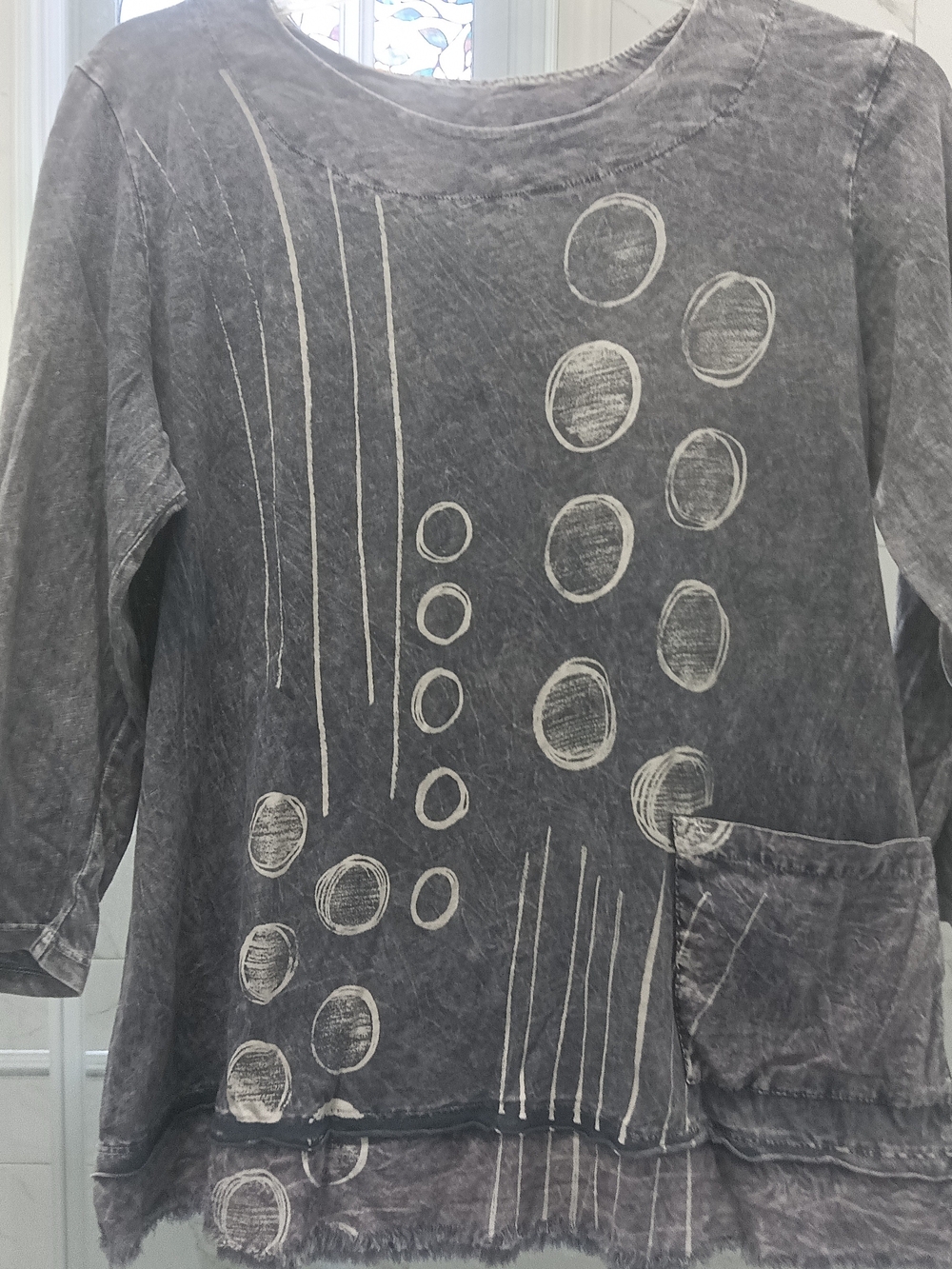 Jess And Jane Gray Dot N Line Mineral Washed Large Cotton 3/4 Sleeves Tunic